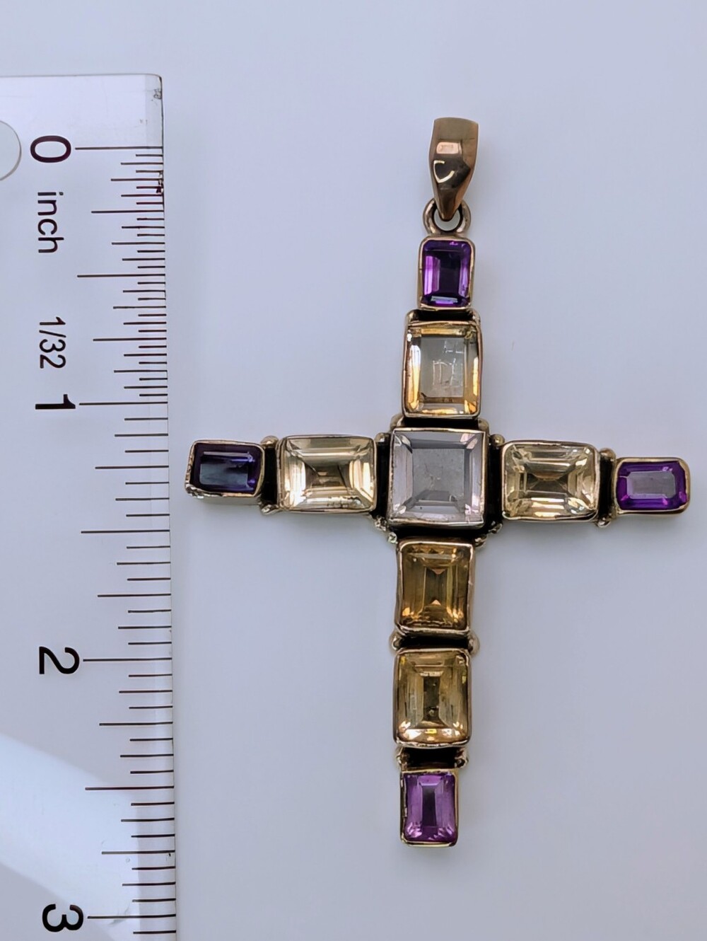 Large Multi Stone Cross Pendant Amethyst, Citrine, Quartz S925 Sterling Silver - Picture 2 of 5